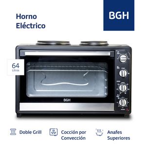 Horno Eléctrico BGH NEGRO BHE64M20AN 2200W 64 Lts con Anafe Doble Grill 5 Niveles Cocción